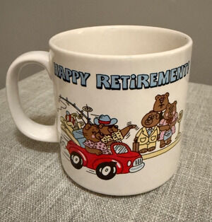 Vintage Russ Berrie Happy Retirement Bear Mug Korea 8389 – No Chips/Cracks